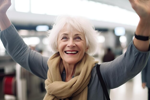 Imagem de uma velhota muito feliz no terminal do aeroporto