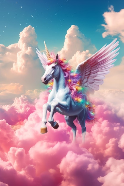 Imagem de unicórnio voando no céu com cauda e asas de arco-íris