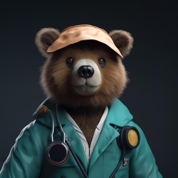 Imagem de urso marrom vestido com uniforme de médico em um fundo limpo Animais selvagens