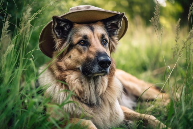 Imagem de verão de um cão pastor usando um chapéu descansando e antecipando algo