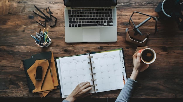 Foto imagem de visão de alto ângulo do calendário do planejador de mesa no laptop