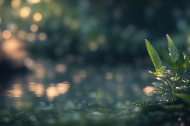 imagem desfocada da água e das plantas com lotes ai generativos