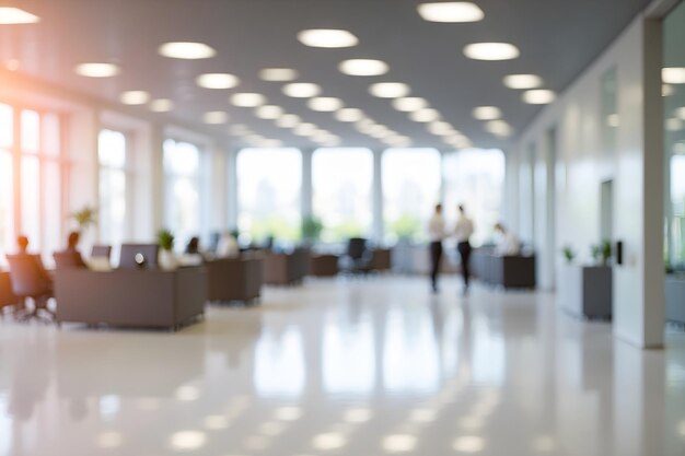 Imagem desfocada de atividades de escritório moderno escritório janelas de escritório e interior com iluminação natural