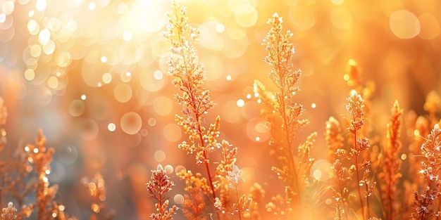 Imagem desfocada de flores selvagens murchas e grama em um campo durante uma estação ensolarada com brilho da lente e destaques em uma lente helios