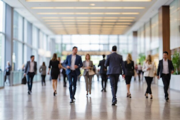 Imagem desfocada de pessoas de negócios caminhando no hall de um edifício de escritórios moderno