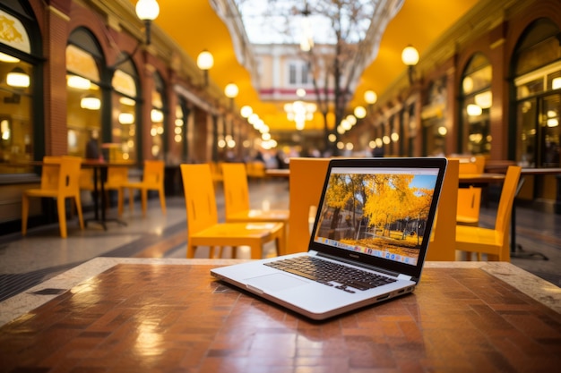 Foto imagem desfocada de um laptop em uma mesa em um restaurante