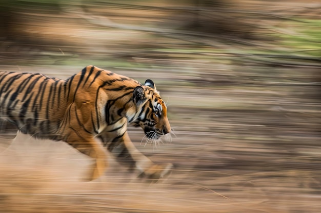 Foto imagem desfocada de um tigre correndo por um campo