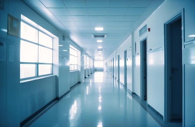 Imagem desfocada do corredor na clínica do hospital branco