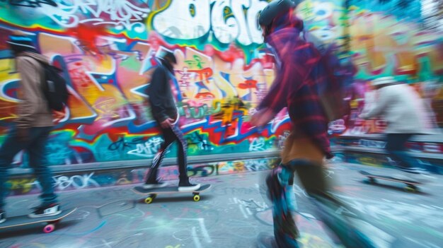 Foto imagem desfocada nesta imagem um parque de skate coberto de graffiti serve como um fundo desfocado como um