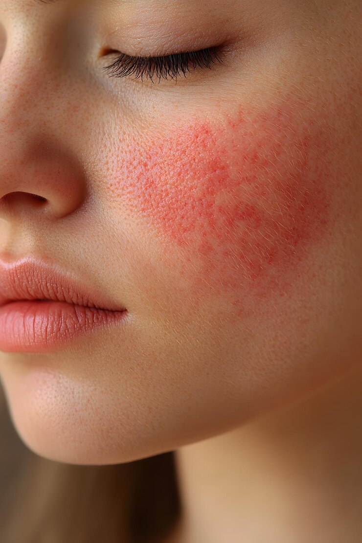 Foto imagem detalhada de lúpus no rosto e no pescoço mostrando manchas vermelhas inflamadas e textura fina da pele visão fotorrealista