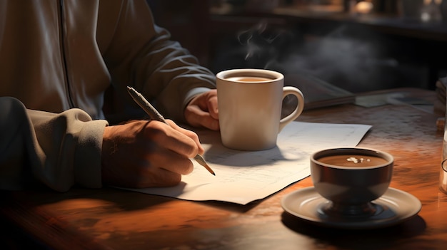 Imagem detalhada de um homem escrevendo com uma xícara de café na mão