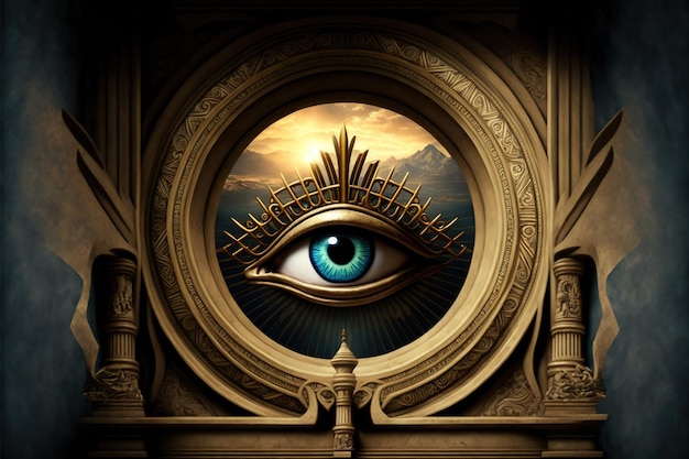 Imagem detalhada do Olho de Hórus no centro do design redondo no estilo do antigo Egito mitos de alta resolução lendas histórias de fé fantasia mistério pirâmides realismo AI