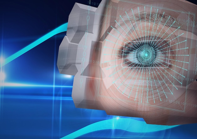 Imagem digital composta de scanner redondo em close-up do olho humano feminino