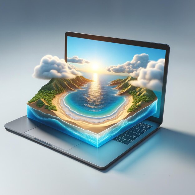 imagem digital de férias viajando ilha em laptop avião 3D praia bonito 4