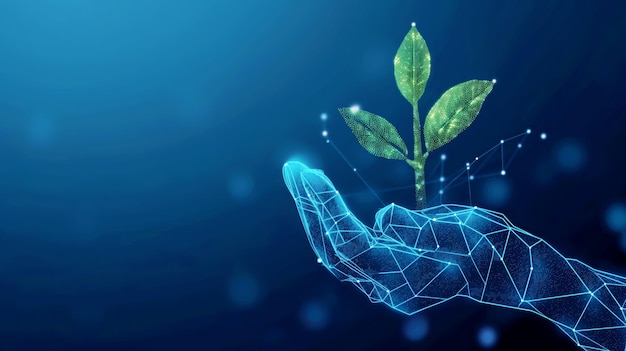 Imagem digital de uma mão de estrutura de arame brilhante segurando uma planta luminescente