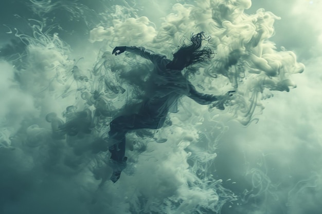 Foto imagem dinâmica de um dançarino contemporâneo pulando com sua forma no ar cercado por nuvens de átomos giratórios