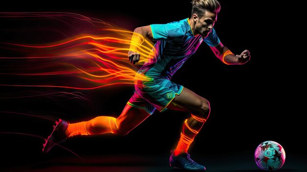 Imagem dinâmica de um jogador de futebol masculino movendo-se sobre um fundo escuro misturado com luzes de néon