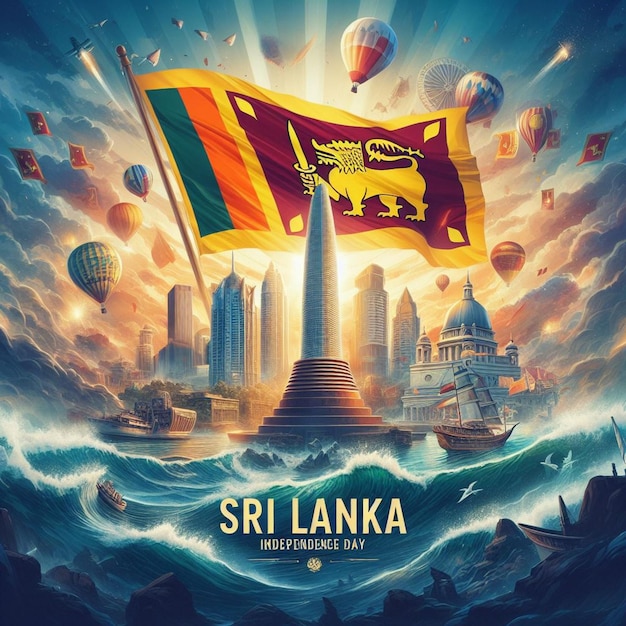 imagem dinâmica do Dia da Independência do Sri Lanka mostrando a vibrante bandeira nacional.