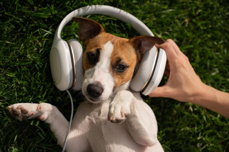 Foto imagem diretamente acima de um cão com fones de ouvido