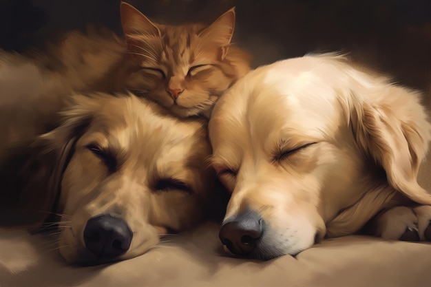 Imagem do cachorro e do gato dormindo juntos ilustração de animais de estimação IA generativa