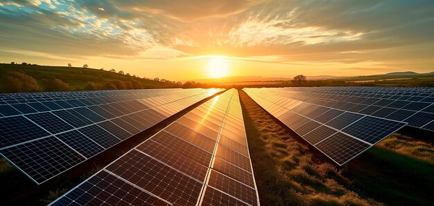 Imagem do campo de painéis solares ao pôr-do-sol Conceito de emergência climática de energias alternativas e renováveis