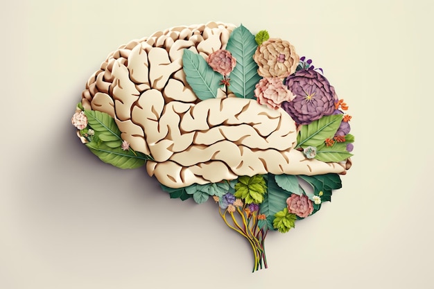 Imagem do cérebro humano feita de flores e folhas em um fundo limpo Ilustração Generative AI