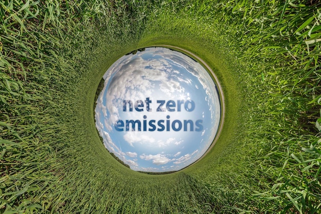 Imagem do conceito de texto de emissões líquidas zero contra o pequeno planeta azul em fundo de grama verde