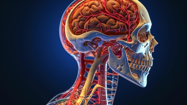 Imagem do crânio humano com anatomia dos vasos sanguíneos, conceito de vida saudável, brilho neon, estilo futurista