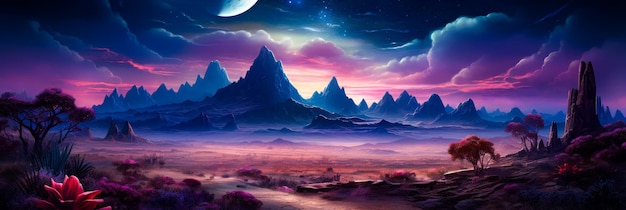 Imagem do deserto com montanhas e lua no céu IA generativa