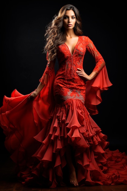 Imagem do estúdio da mulher espanhola bonita no vestido tradicional do flamenco