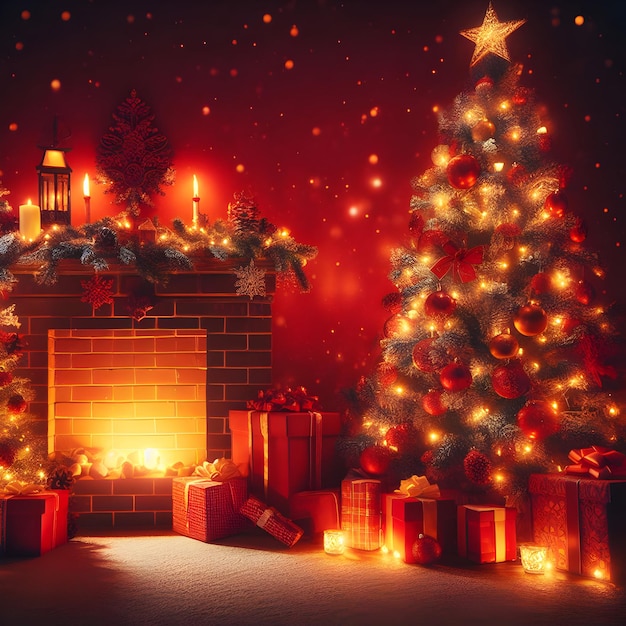 Imagem do fundo vermelho do Natal com uma árvore de Natal ao lado da lareira com caixas de presentes