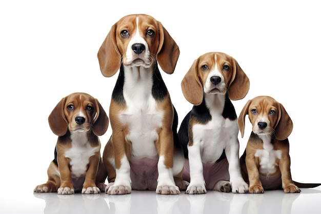 Imagem do grupo familiar de cachorro beagle em fundo branco Ilustração de animais de estimação IA generativa