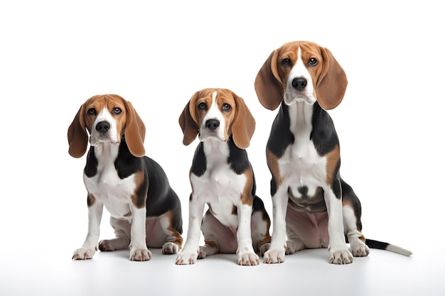 Imagem do grupo familiar de cachorro beagle em fundo branco Ilustração de animais de estimação IA generativa