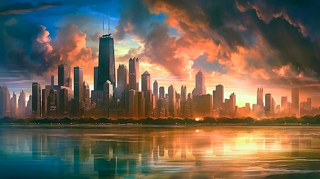 Imagem do horizonte de Chicago ao pôr do sol