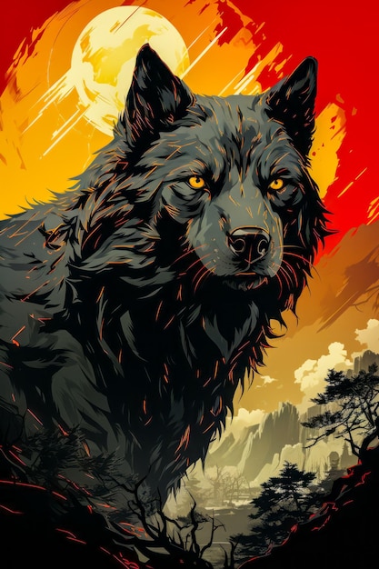 Imagem do lobo negro em frente ao pôr do sol Generative AI