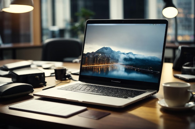 Imagem do local de trabalho moderno de um empresário com laptop no escritório