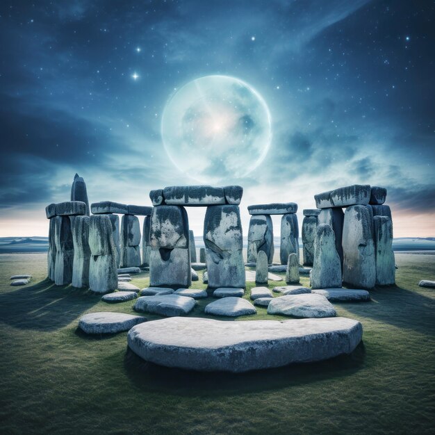 Foto imagem do monumento prehistórico de stonehenge com fundo do céu noturno