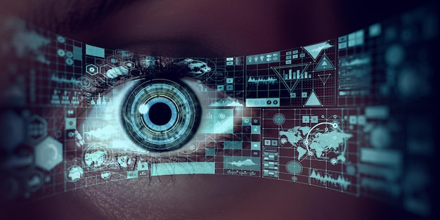 Imagem do olho humano em processo de digitalização. Mídia mista
