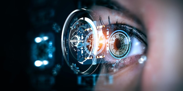 Foto imagem do olho humano em processo de digitalização. mídia mista