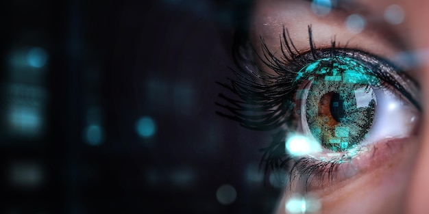 Imagem do olho humano em processo de digitalização. Mídia mista