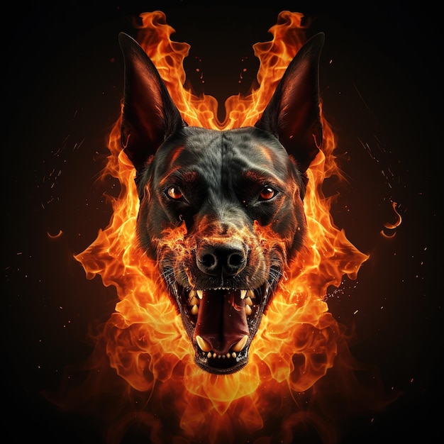 Foto imagem do rosto de cachorro preto raivoso e chamas em fundo escuro pet illustration generative ai