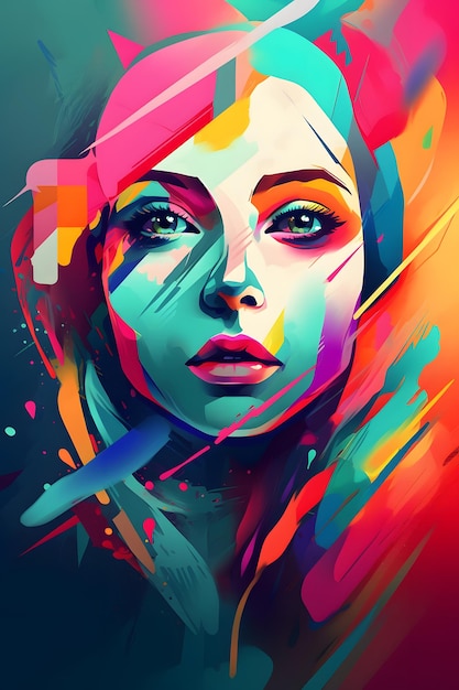 Imagem do rosto de uma mulher com respingos de tinta colorida Generative AI