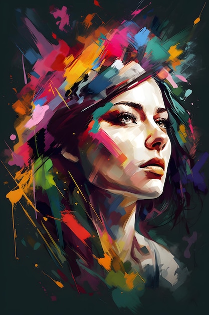 Imagem do rosto de uma mulher com respingos de tinta colorida Generative AI