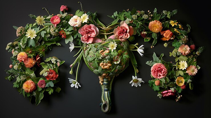Foto imagem do sistema reprodutivo feminino do útero composto de flores e folhas