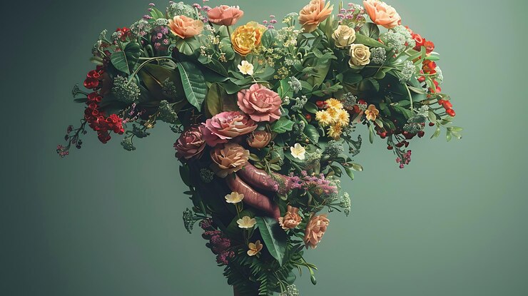 Foto imagem do sistema reprodutivo feminino do útero composto de flores e folhas