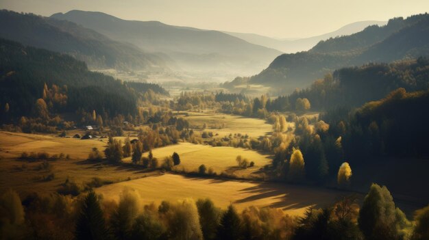 Imagem do vale da montanha com montanhas e uma floresta IA generativa