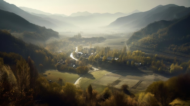 Imagem do vale da montanha com montanhas e uma floresta IA generativa