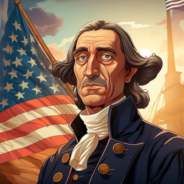 Imagem dos desenhos animados de Cristóvão Colombo com fundo de bandeira americana