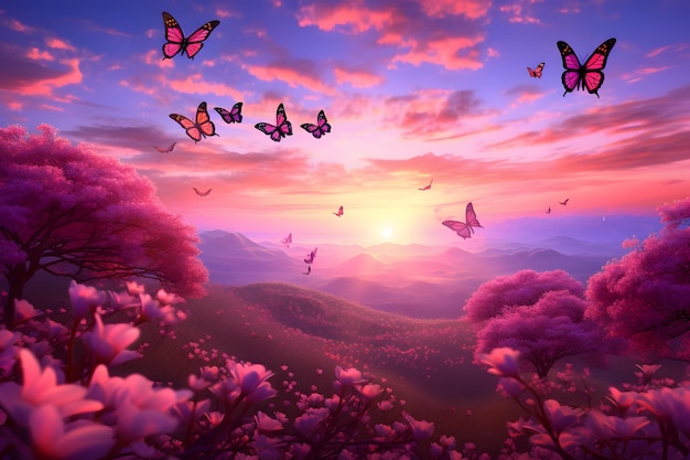 Imagem Dreamscape com milhares de arquivos de manteiga rosa e roxo sobre um vibrante campo de flores de primavera durante