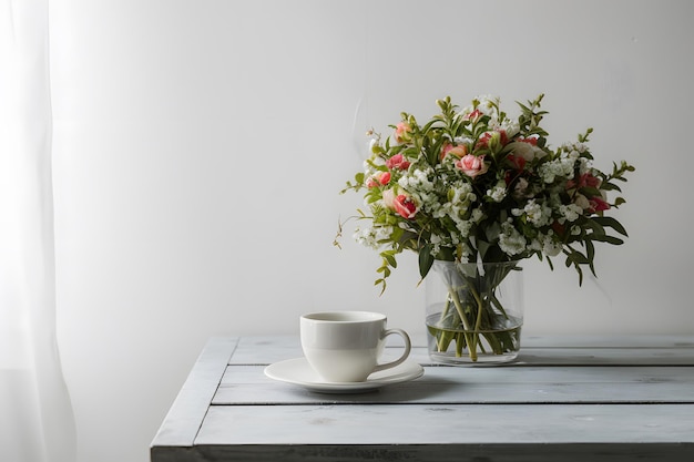 Imagem elegância minimalista copo branco na mesa contra fundo branco